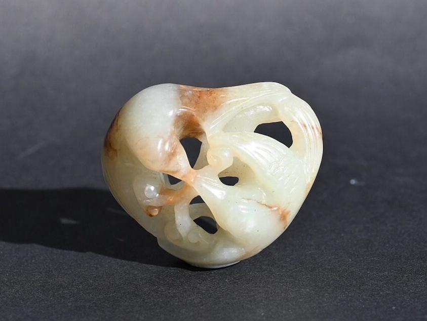 A Qing Reticulated Jade 'Magpies and Lingzhi' Marriage Carving | Pendant