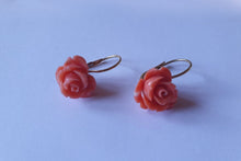 Load image into Gallery viewer, A Pair of Italian, 18 Carat Gold Pink Coral Rose Drop Earrings
