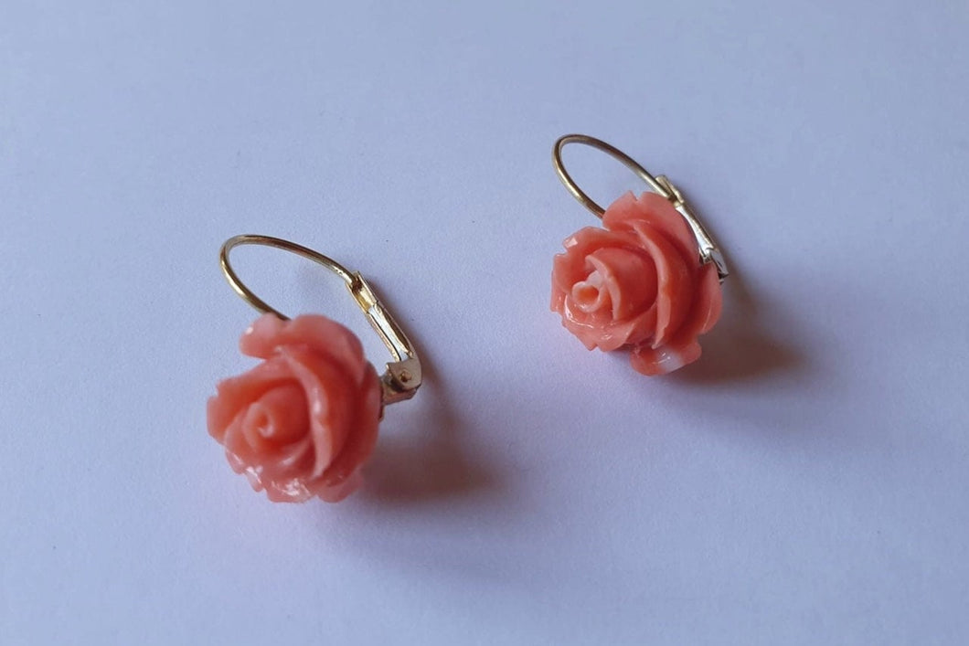 A Pair of Italian, 18 Carat Gold Pink Coral Rose Drop Earrings