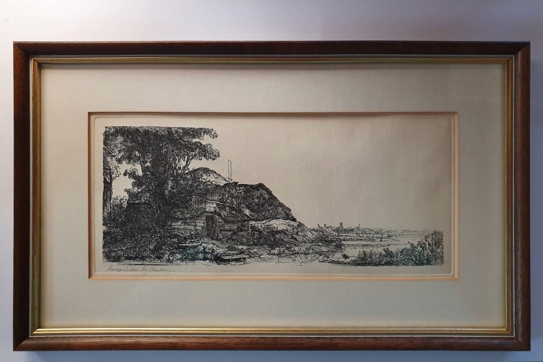 A Rie (Hendrika) de Boer Etching of Rembrandt's Landscape with a Cottage and a Large Tree