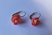 Load image into Gallery viewer, A Pair of Italian, 18 Carat Gold Pink Coral Rose Drop Earrings
