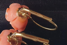 Load image into Gallery viewer, A Pair of Italian, 18 Carat Gold Pink Coral Rose Drop Earrings
