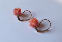 Load image into Gallery viewer, A Pair of Italian, 18 Carat Gold Pink Coral Rose Drop Earrings
