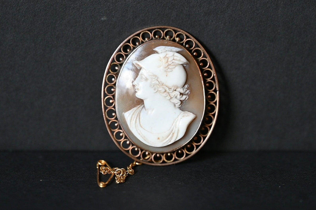 A Victorian 9 Carat Rose Gold Hermes Shell Cameo Brooch